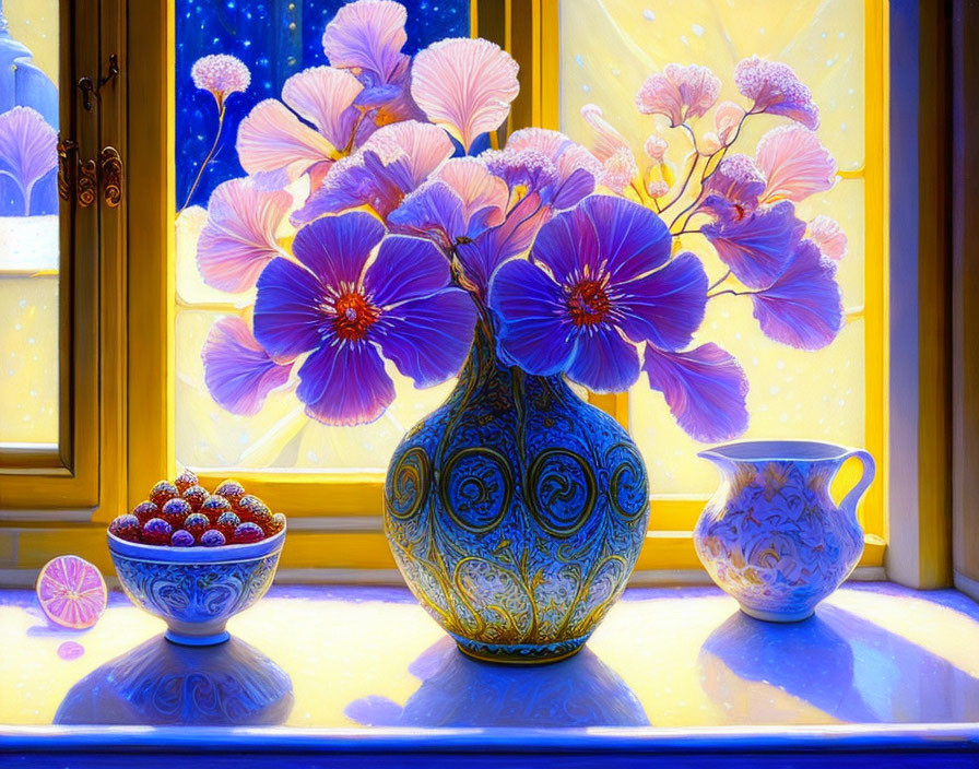 Bright Blue Flowers in Ornate Vase by Sunlit Window