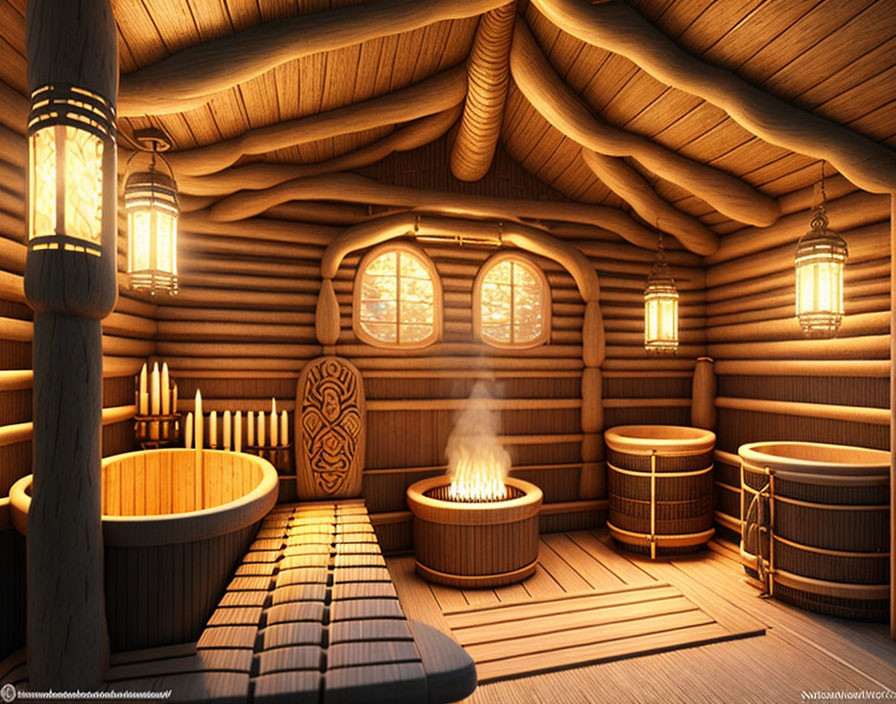 Warm Sauna Interior with Fire Pit, Lanterns, Benches, and Tubs