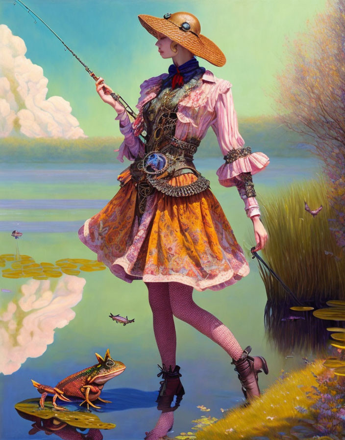 Vintage-dressed woman fishing by lake with frog in serene landscape