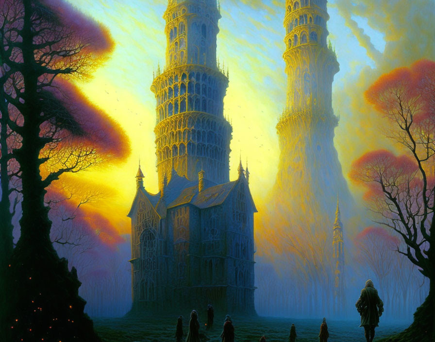 Fantastical artwork: Grand castle with ornate spires at dusk