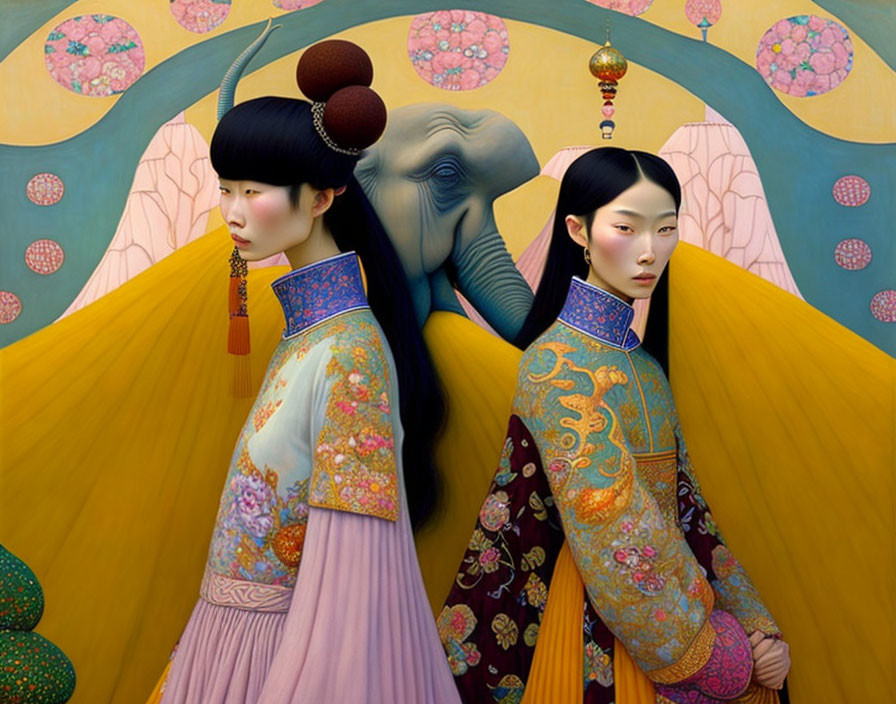 Traditional Asian Attire Women with Elephant on Decorative Background