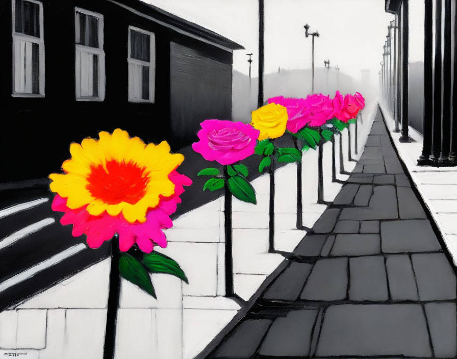 Vibrant oversized flowers in bloom on monochromatic street