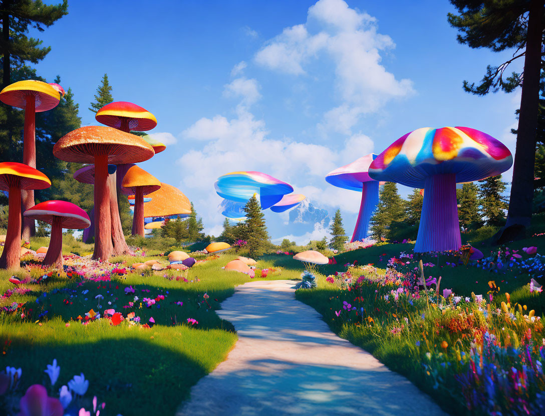 Colorful Fantasy Landscape with Oversized Mushrooms and Floating Creatures