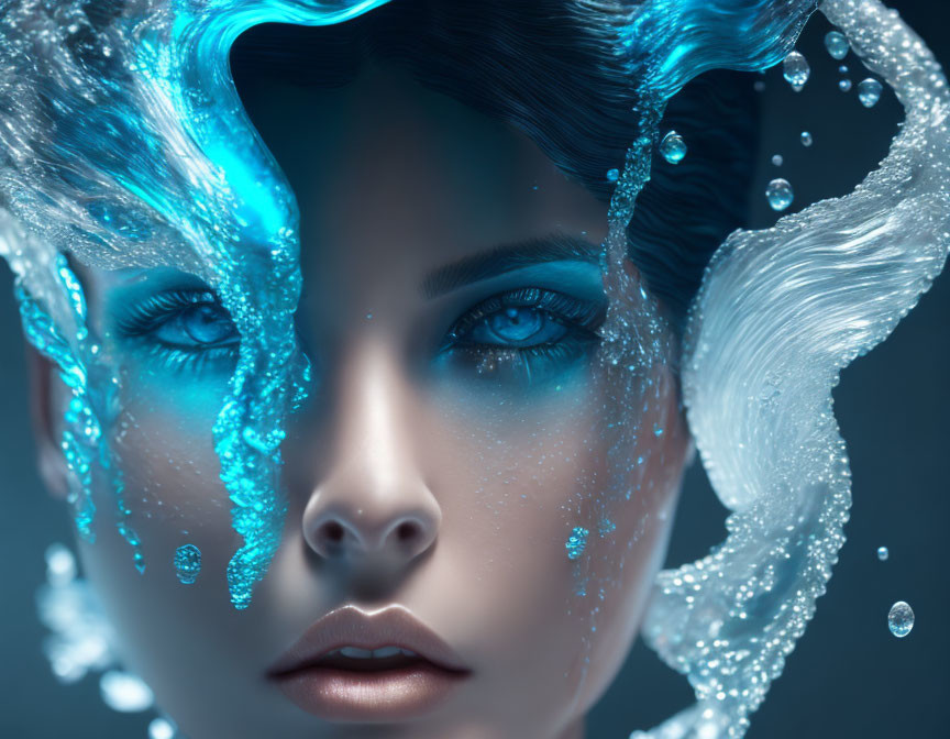 Close-up of woman with glowing blue makeup and water droplets, fantasy aquatic theme