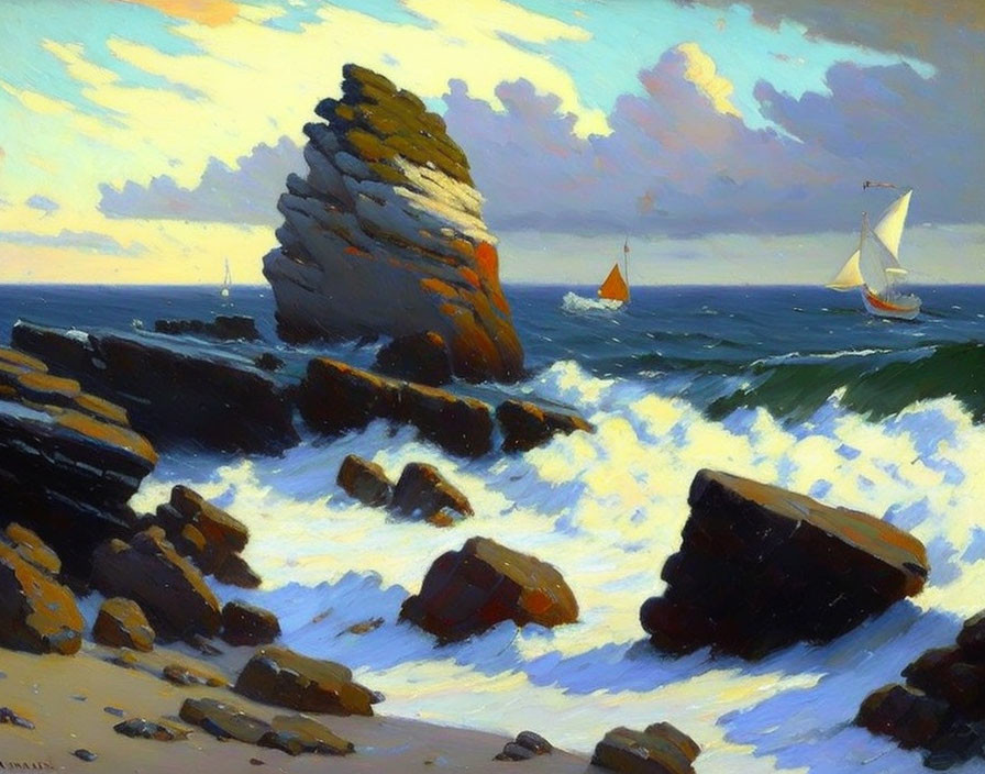 Rugged coastline painting with layered rock formation, crashing waves, sailboats, and cloudy sky