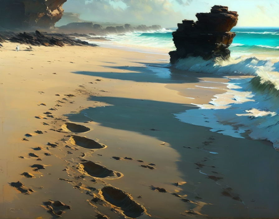 Tranquil beach scene with footprints, waves, and rock formation