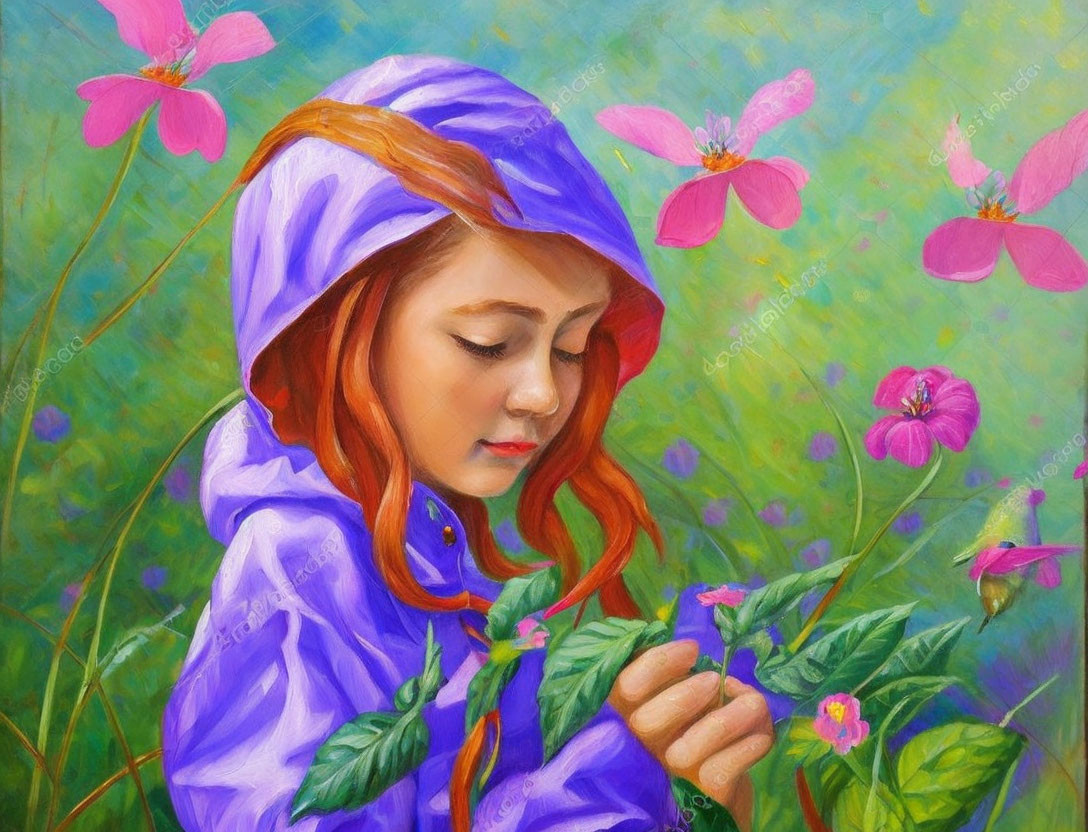 Girl in Purple Raincoat Admiring Flower Painting with Pink Blossoms