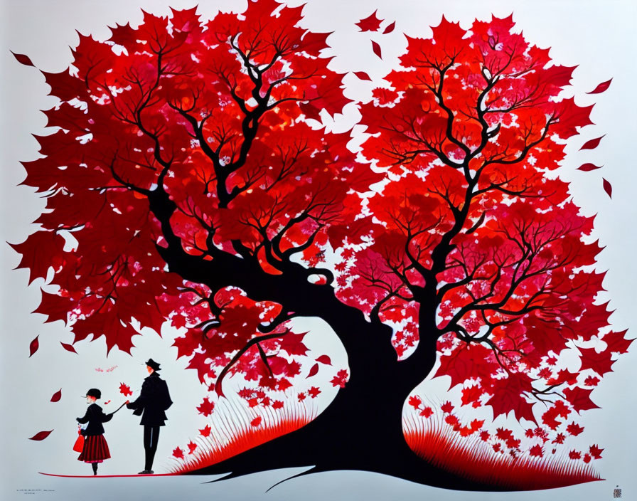 Red leaf tree art with child and adult silhouettes in autumn