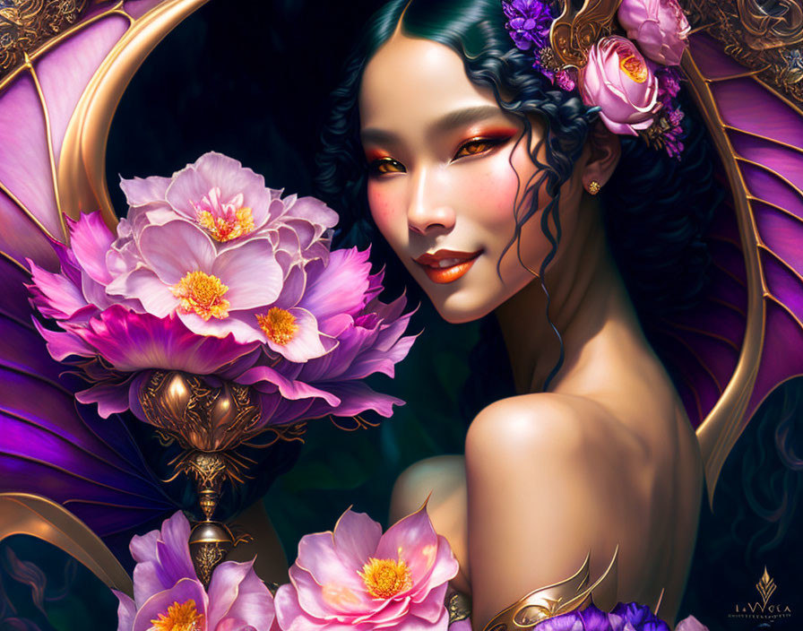 Digital Artwork: Woman with Delicate Features Amid Pink Flowers & Golden Details