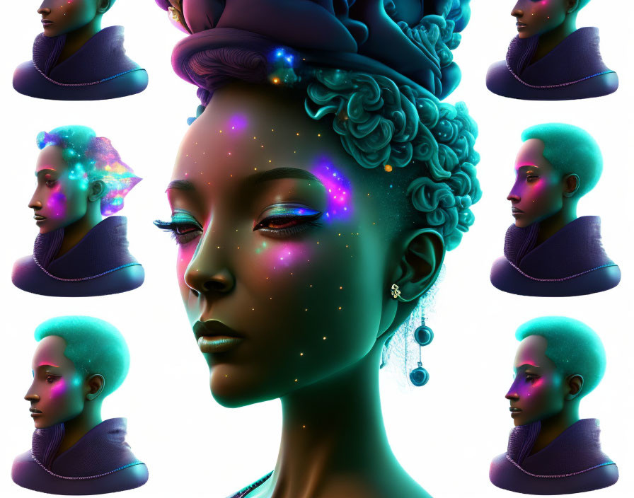 Digital portrait collage of stylized woman with cosmic theme: glowing stars and nebulae in hair and