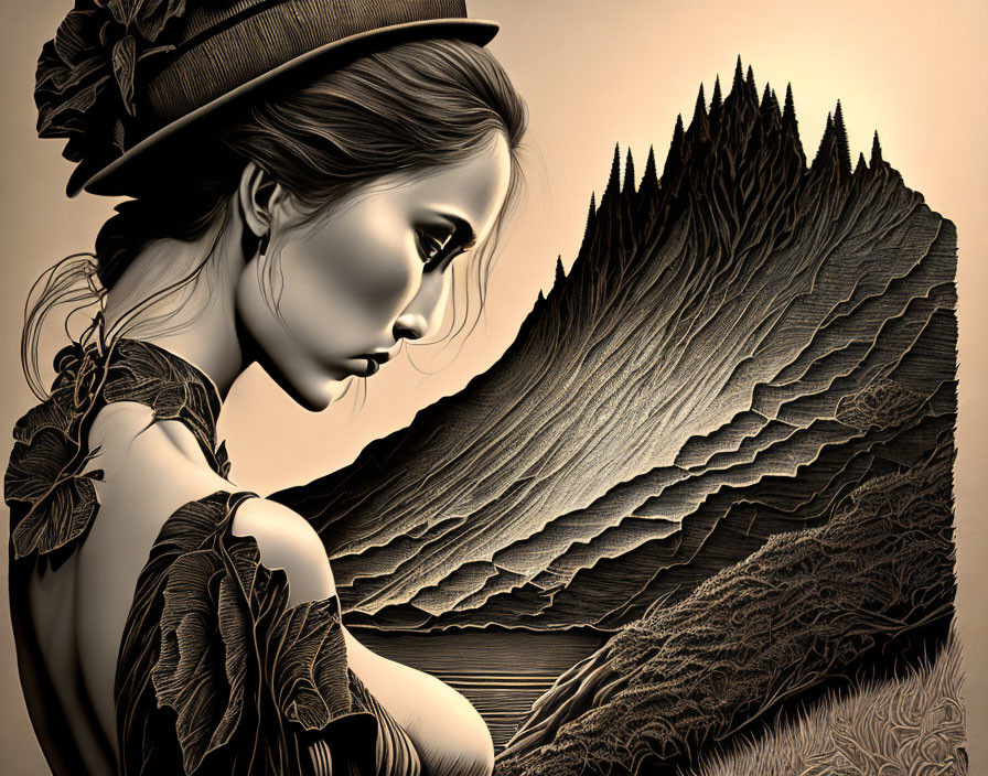 Monochrome sepia profile view illustration blending woman with hat and mountainous landscape