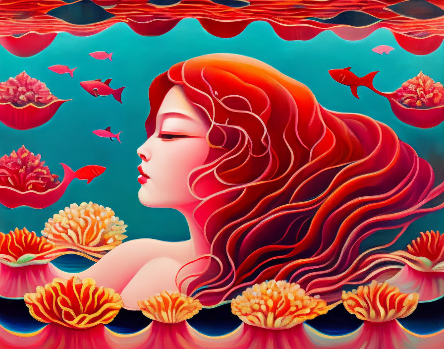 Woman with flowing red hair underwater surrounded by fish and coral reefs