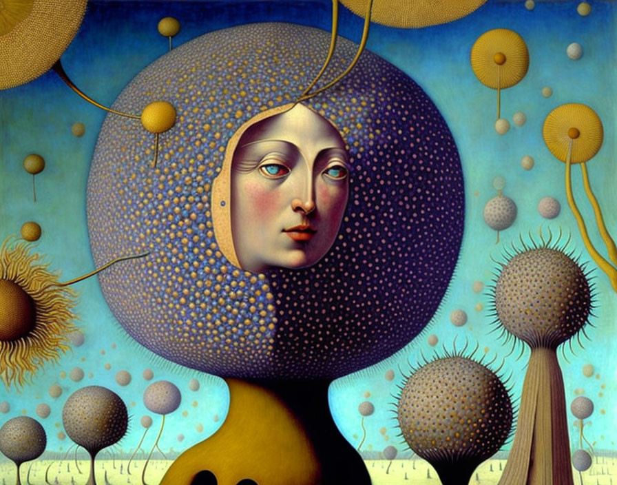 Surreal painting of figure with halo head and stylized flora on blue background