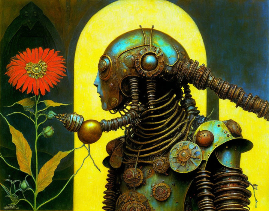 Steampunk robotic figure with golden sphere and floral backdrop