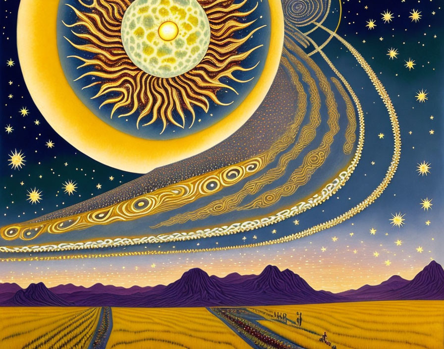 Colorful Surrealist Painting: Swirling Sky, Sun, Moon, Stars, Mountains, Figures