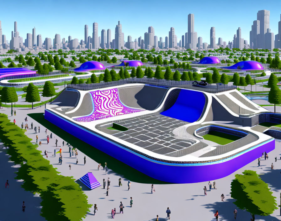 Vibrant Purple-Accented Urban Skatepark with City Skyline