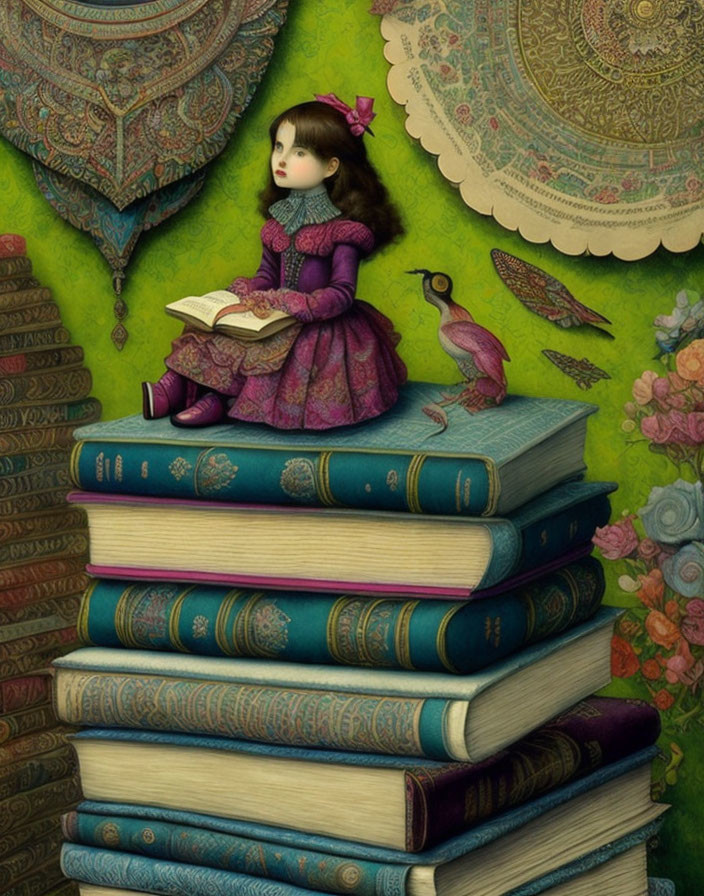 Girl in Purple Dress Reading Book Surrounded by Books, Bird, and Tapestries