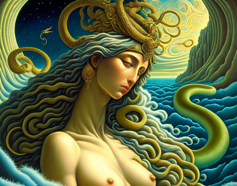 Mythological-inspired woman with flowing hair and ornate headgear in surreal setting.