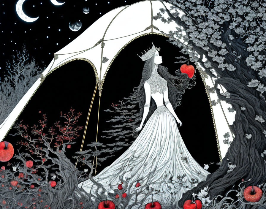 Stylized queen in white gown in tent with red apples and moon phases.