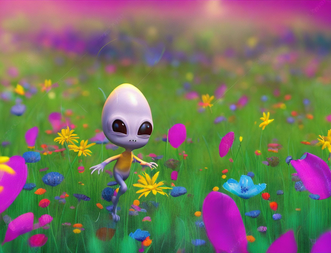 Colorful Cartoon Alien in Vibrant Meadow