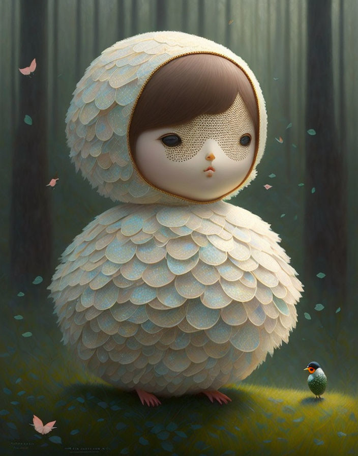 Whimsical creature with doll-like head in forest with bird