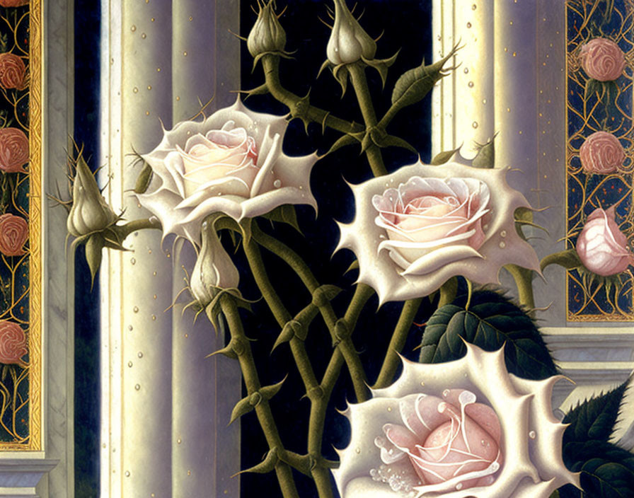 Detailed Illustration: Pale Pink Roses, Dewdrops, Thorny Stems, Striped Columns,