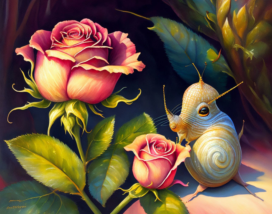 Detailed Snail Illustration with Pink Roses on Dark Background