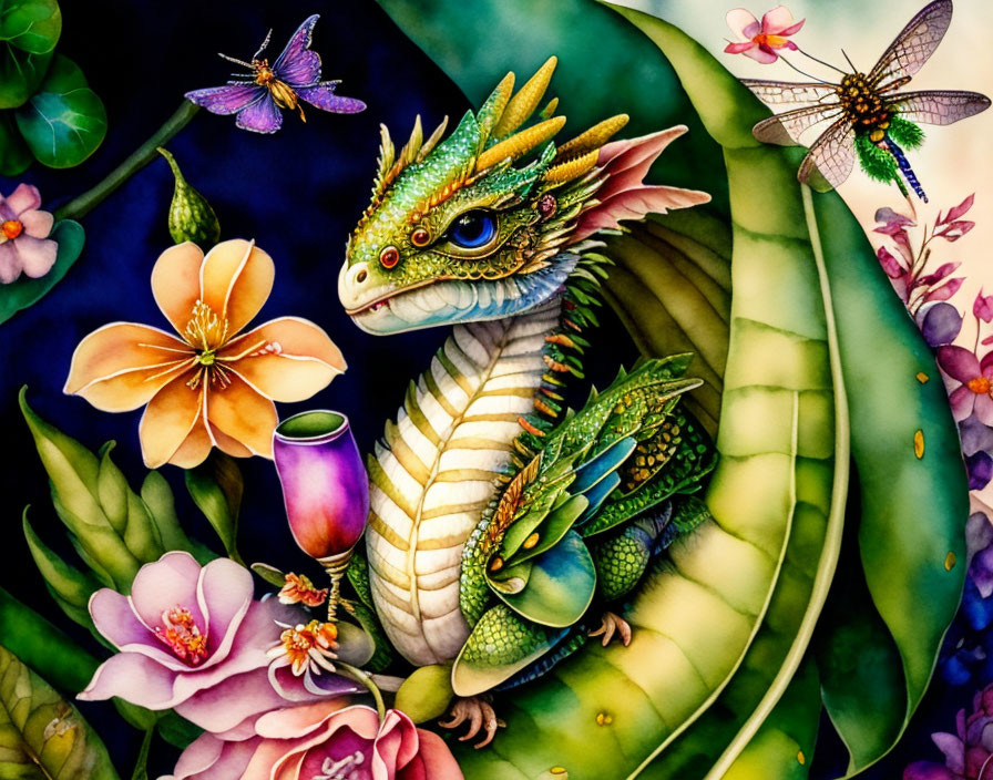 Colorful dragon surrounded by flowers and dragonflies