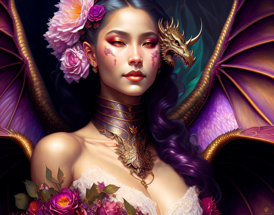 Digital artwork: Woman with purple hair, floral adornments, and dragon necklace, with small dragon companion