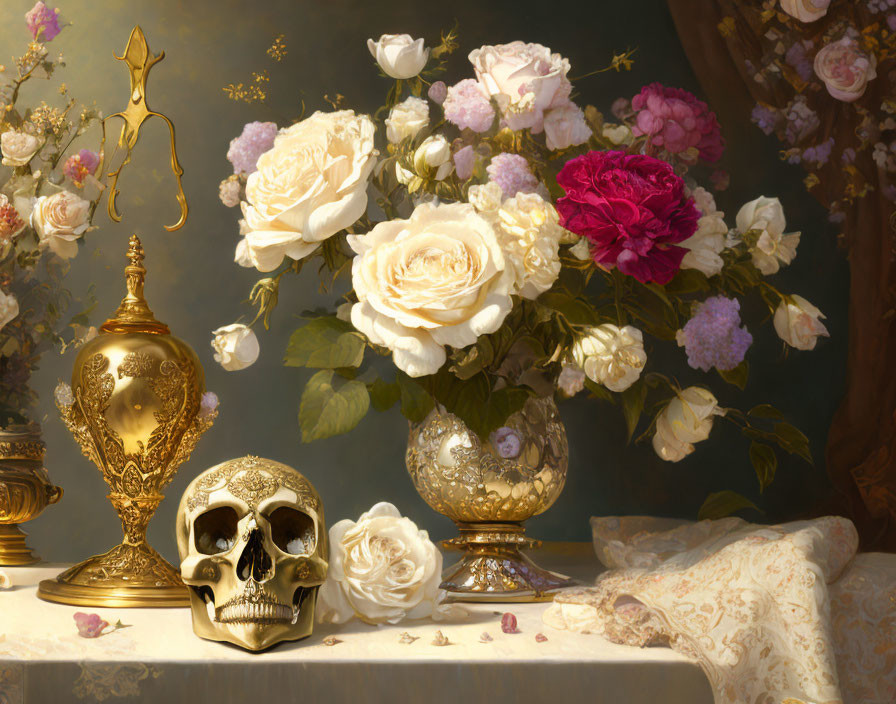 Skull, gold vases, white & pink roses in still life painting