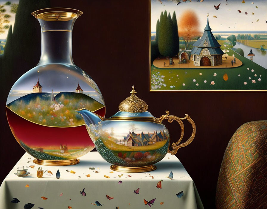 Surreal painting with reflective glassware, landscapes, butterflies, and patterned vase