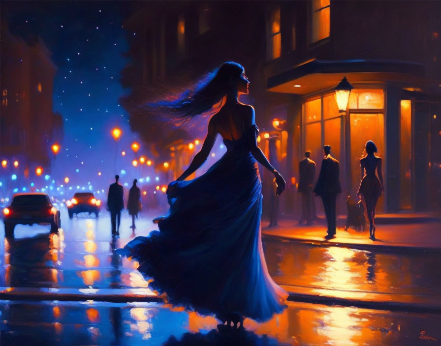 Woman in flowing blue dress on wet city street at night with street lamps, pedestrians, and cars