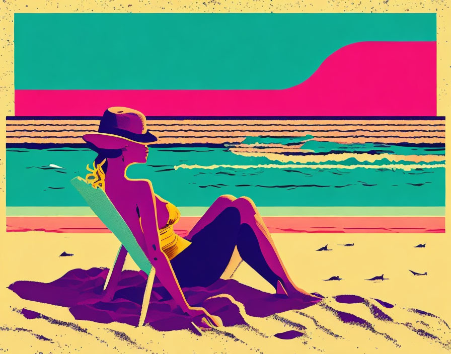 Colorful Stylized Beach Scene with Woman in Bikini