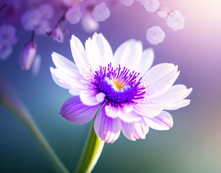 Close-up of dew-covered purple flower in soft-focus background