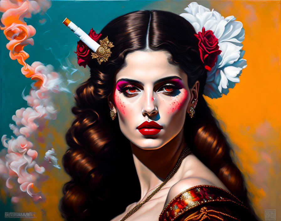 Portrait of woman with dramatic makeup and red flowers, smoking cigarette with long holder, vibrant background.