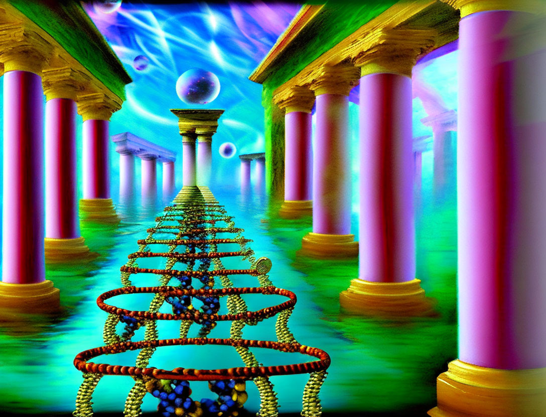 Colorful digital artwork: DNA helix bridges, celestial bodies, surreal scene