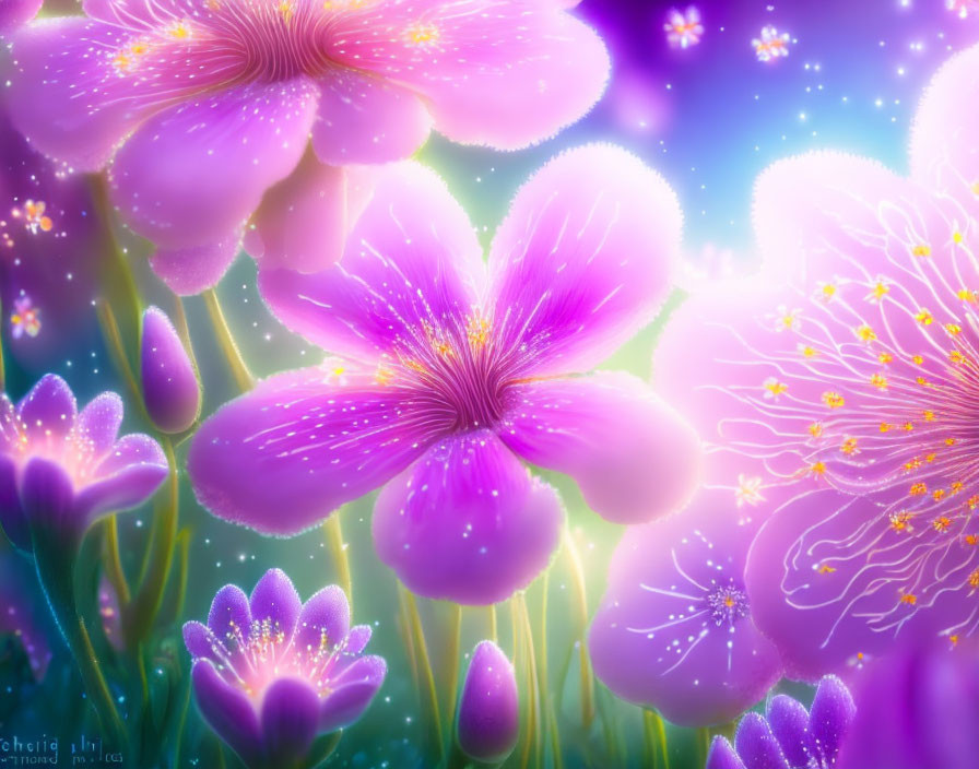 Luminous pink flowers in a digital artwork under starry sky