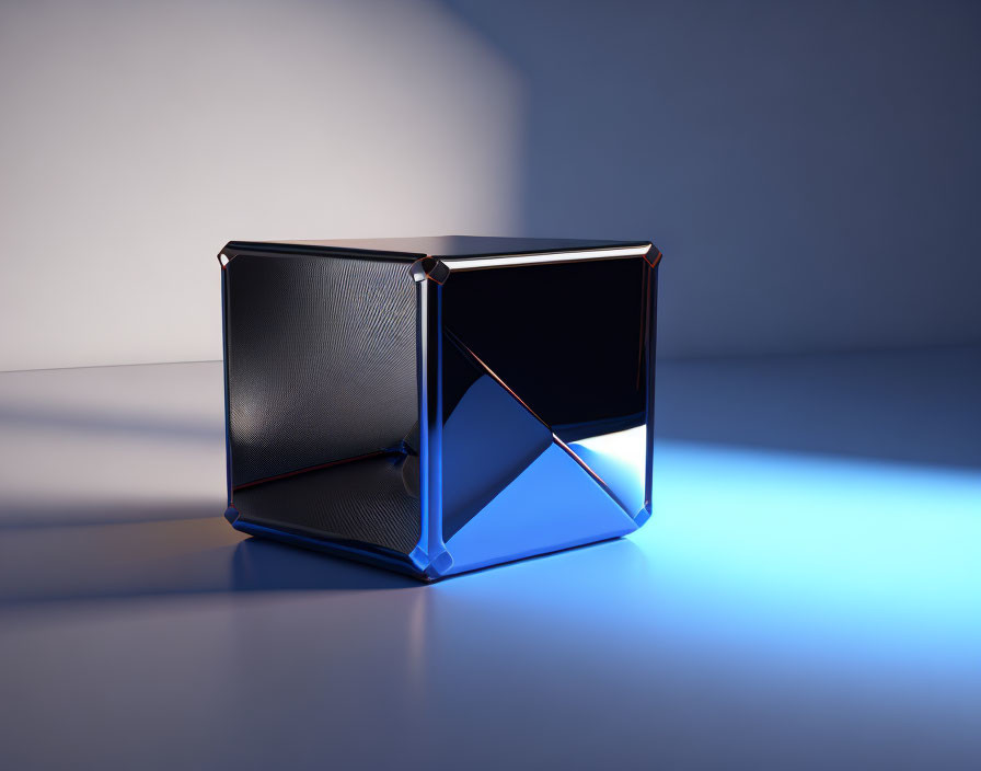 3D-rendered black cube with metallic edges under blue light