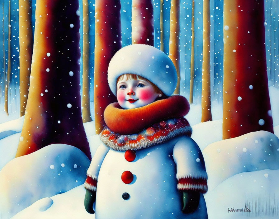 Child in white snowsuit with red scarf in snowy forest.