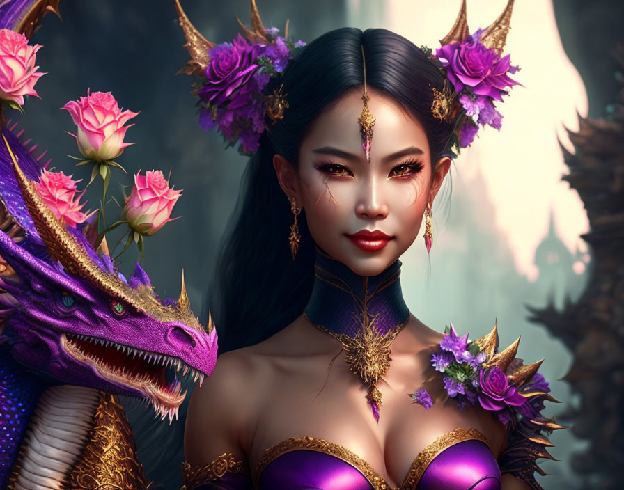 Illustrated woman with flowers and purple dragon in mystical setting