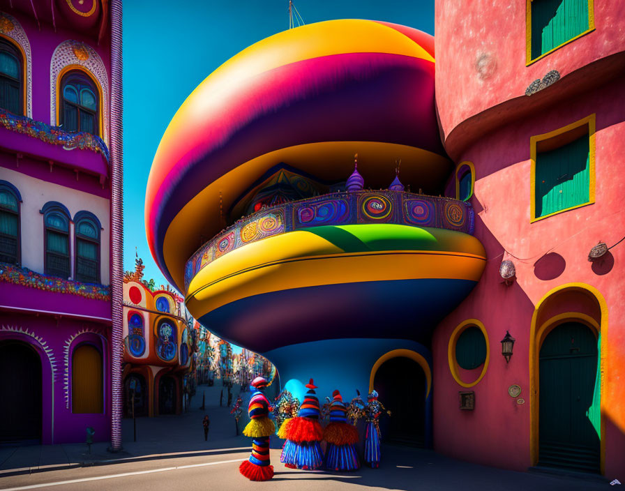 Colorful Street Scene with Festive Atmosphere and Floating Balloon Structure