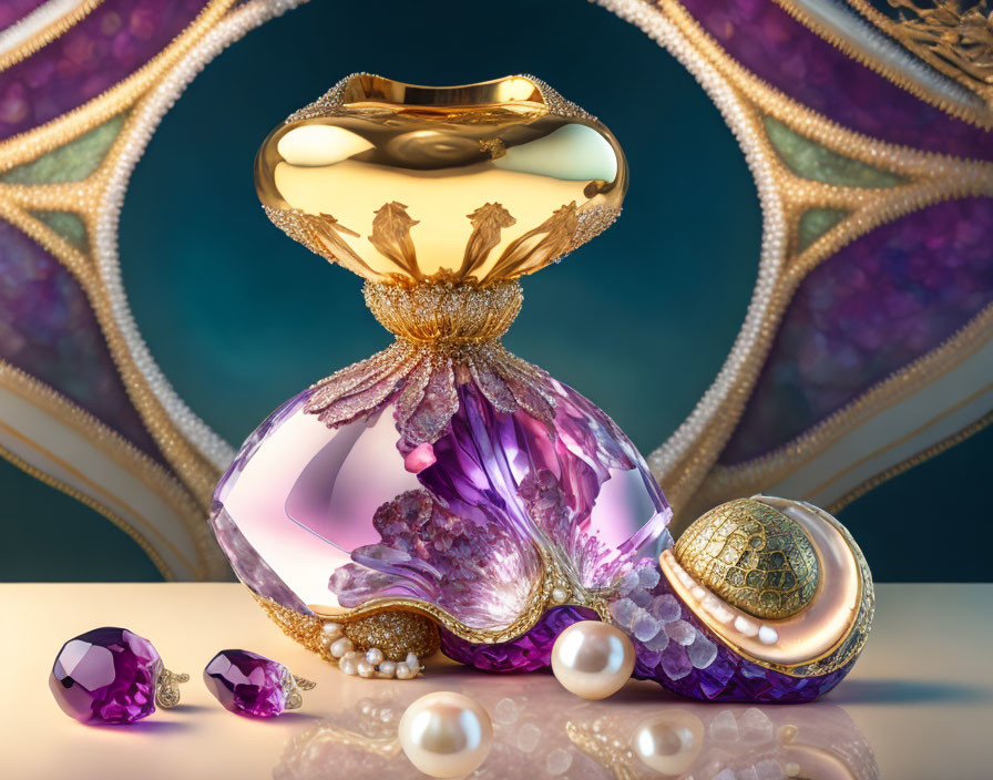 Purple perfume bottle with gold accents, pearls, gemstones on teal backdrop