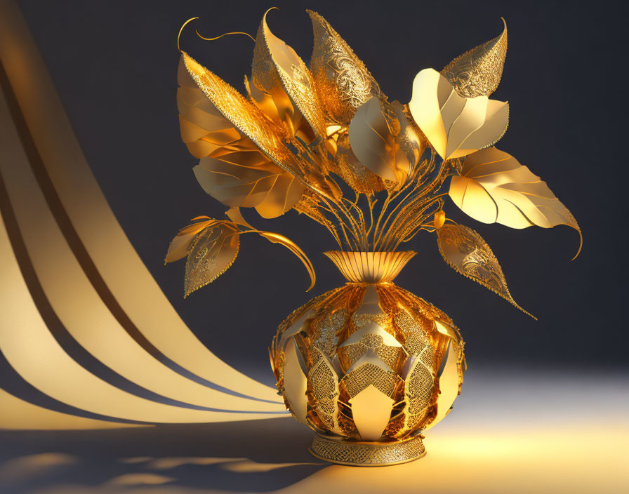 Luxurious Golden Vase with Shimmering Floral Patterns on Dark Background