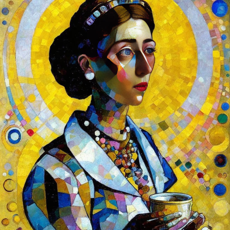 Colorful Cubist-Style Painting of Woman with Headpiece and Teacup