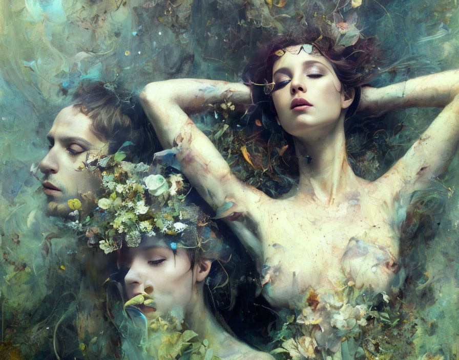 Ethereal figures submerged in water with floral adornments