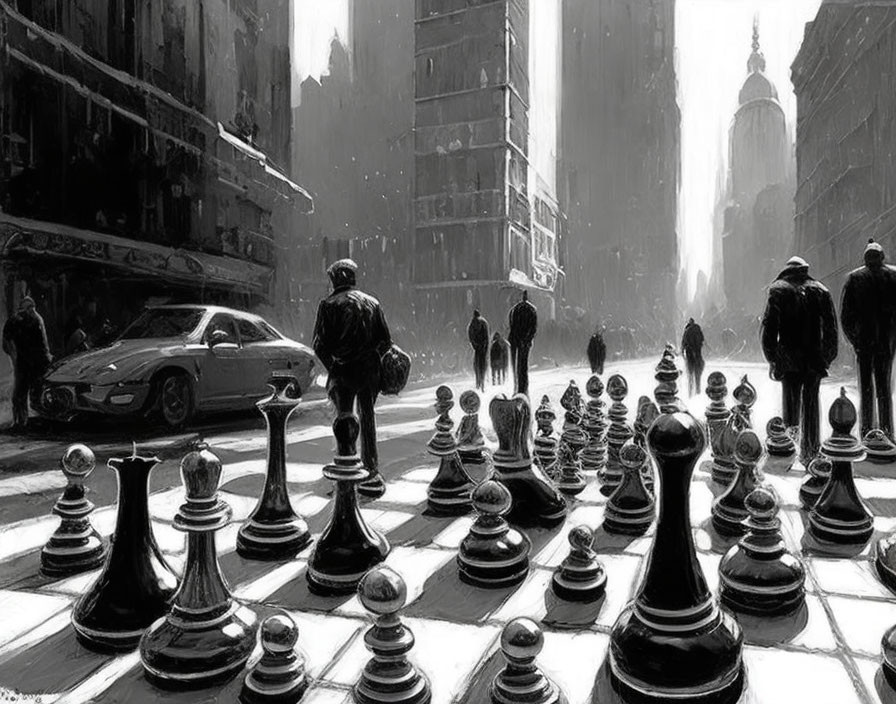 Monochrome life-sized chessboard on urban street with people and car.