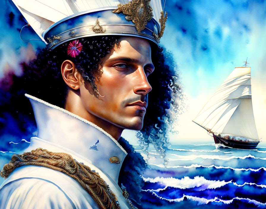 Regal man in white and gold naval uniform with headpiece, gazing at sailing ship and ocean