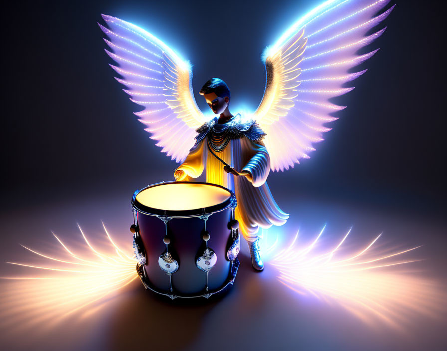 Figure with illuminated wings behind a drum emits mystical glow