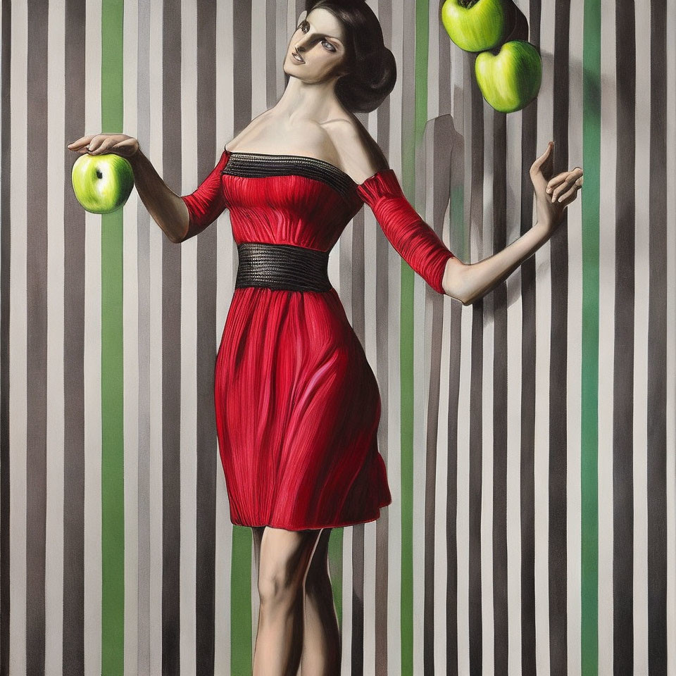 Woman in Red Off-Shoulder Dress Juggling Green Apples