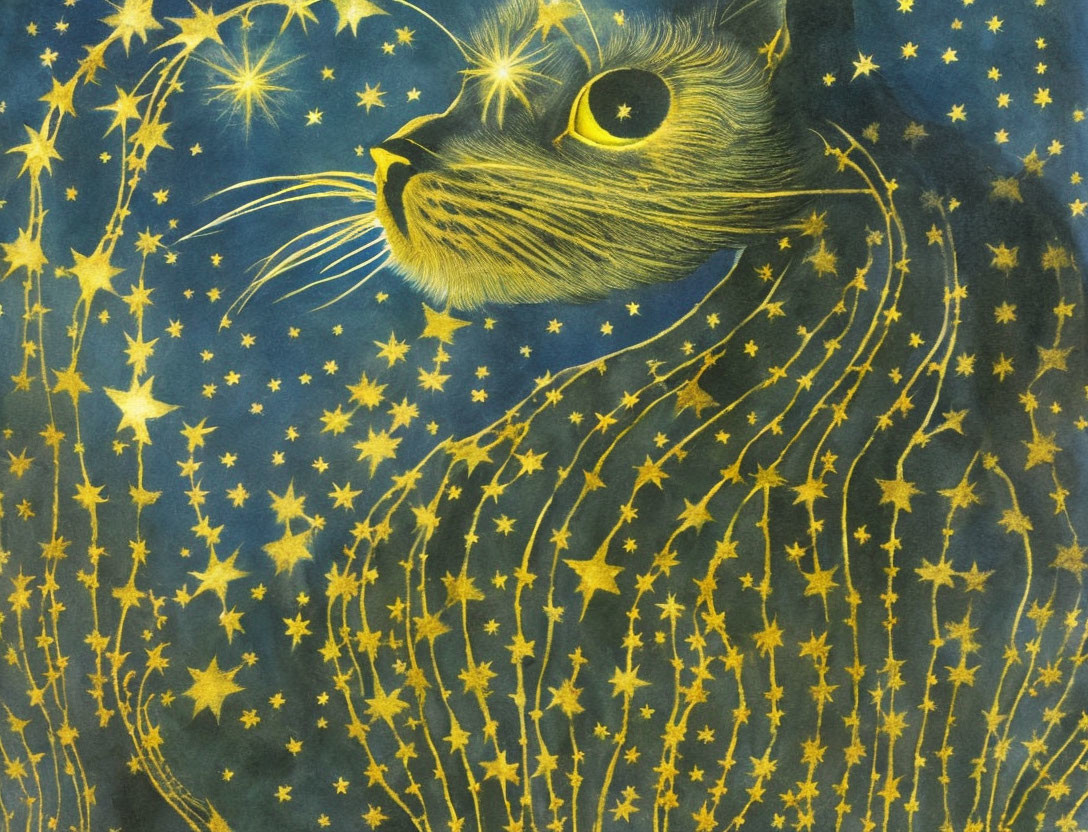 Cat and starry night sky illustration with celestial patterns